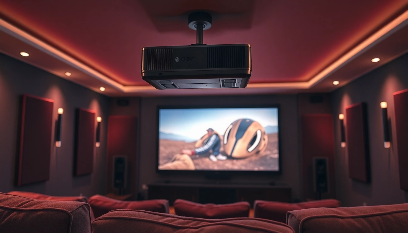 Enhancing viewing experience with a well-positioned projector in a cozy home theater.
