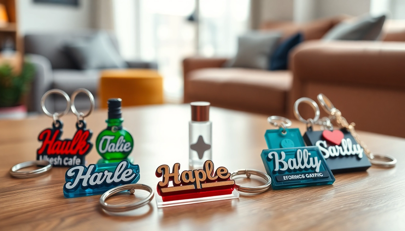 Customize vibrant personalized keychains with unique designs showcased on a elegant wooden table.