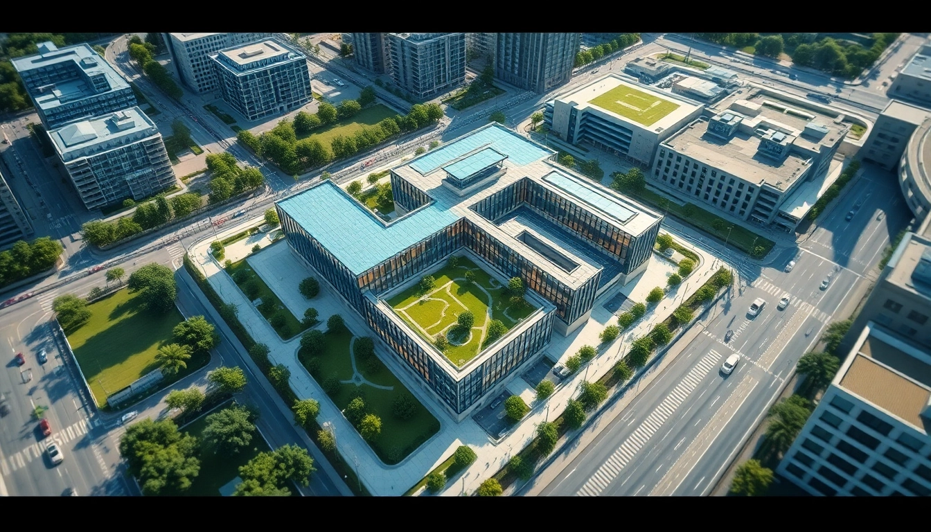 3D Visualisierung eines architektonischen Modells in einer urbanen Umgebung mit detaillierten Strukturen.
