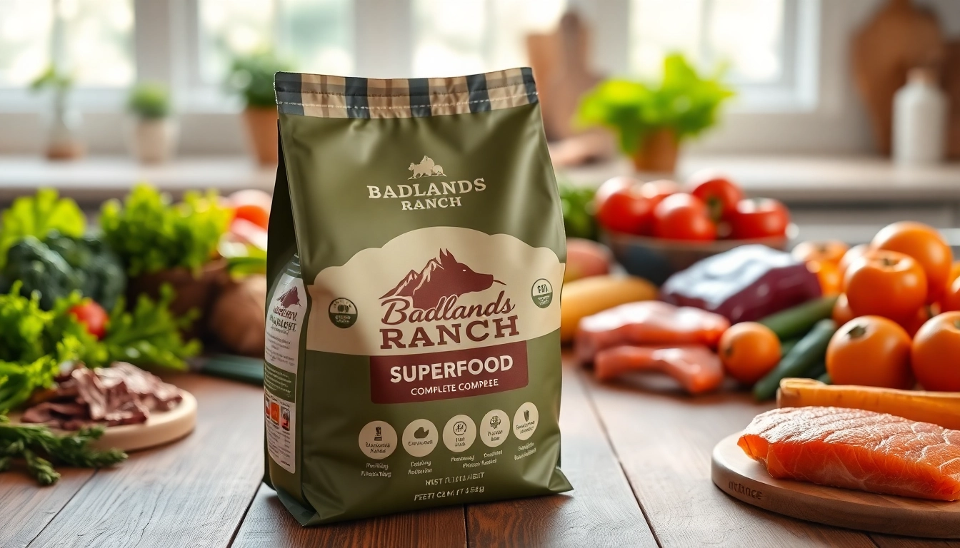Showcasing badlands ranch superfood complete dog food alongside fresh ingredients promoting healthy pet meals.