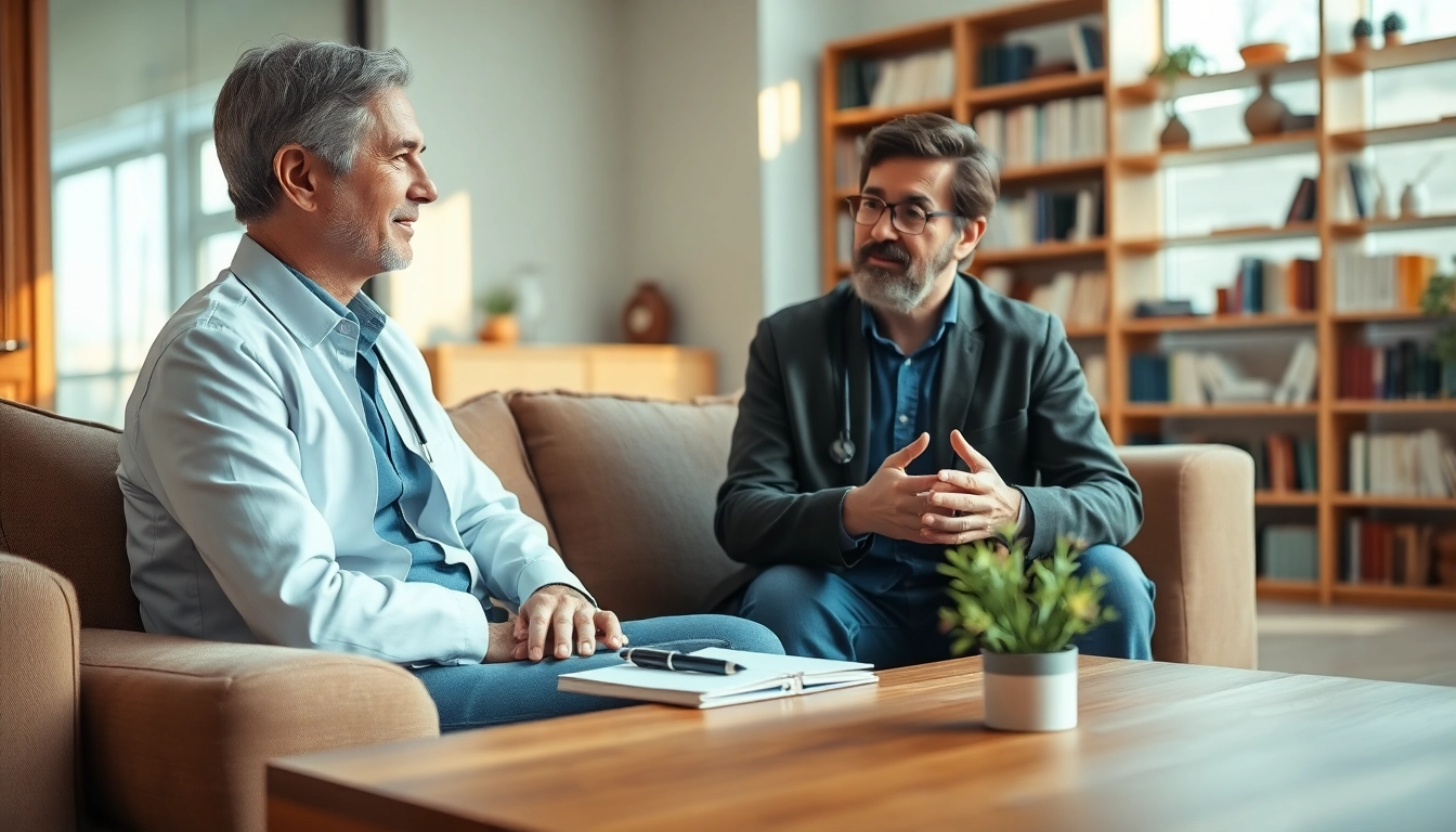 Psychiatrist engaging with a patient in a serene office environment, promoting mental health.