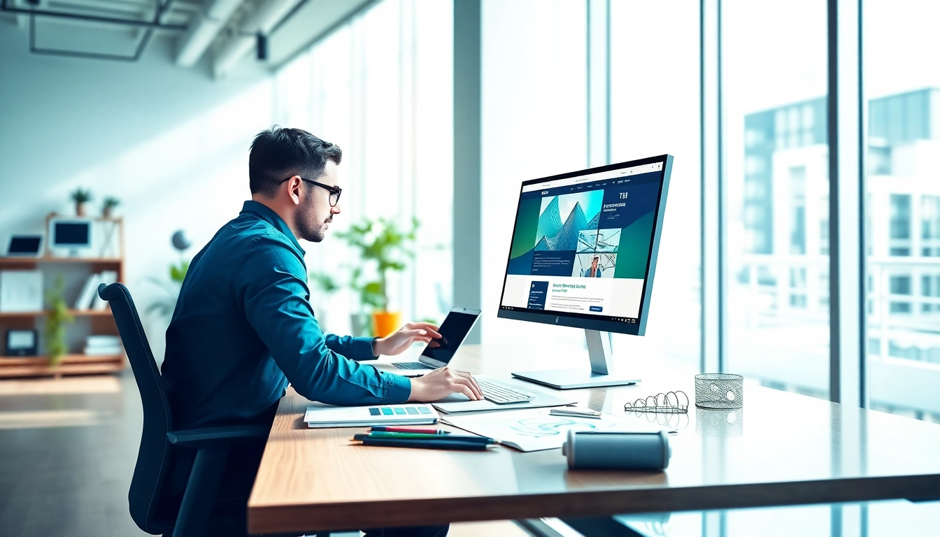 Showcasing web design Kansas City with a professional designer in a vibrant workspace.