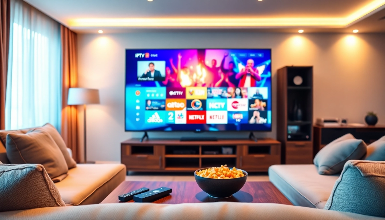 Comprar IPTV en un moderno salón con un televisor vibrante y ambiente acogedor.