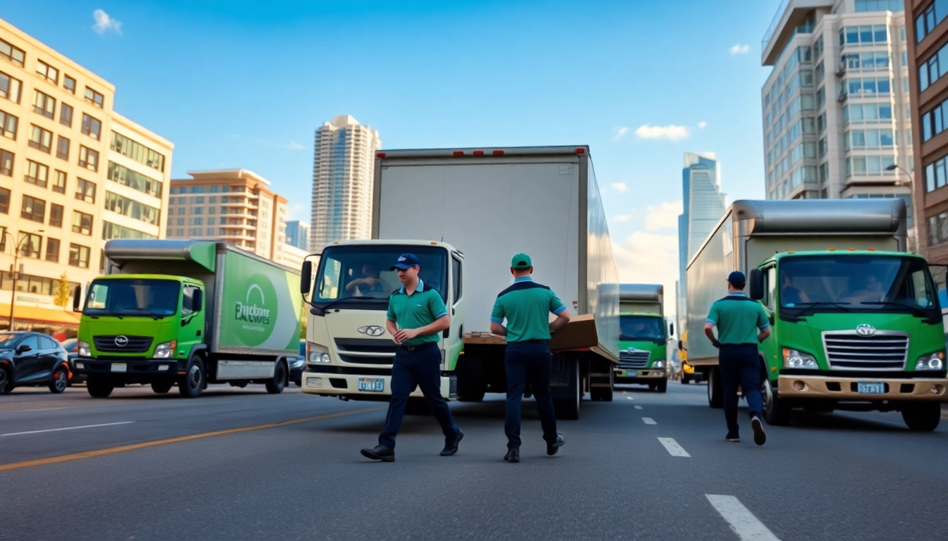 Movers Calgary diligently working together with moving trucks in the Calgary skyline background.