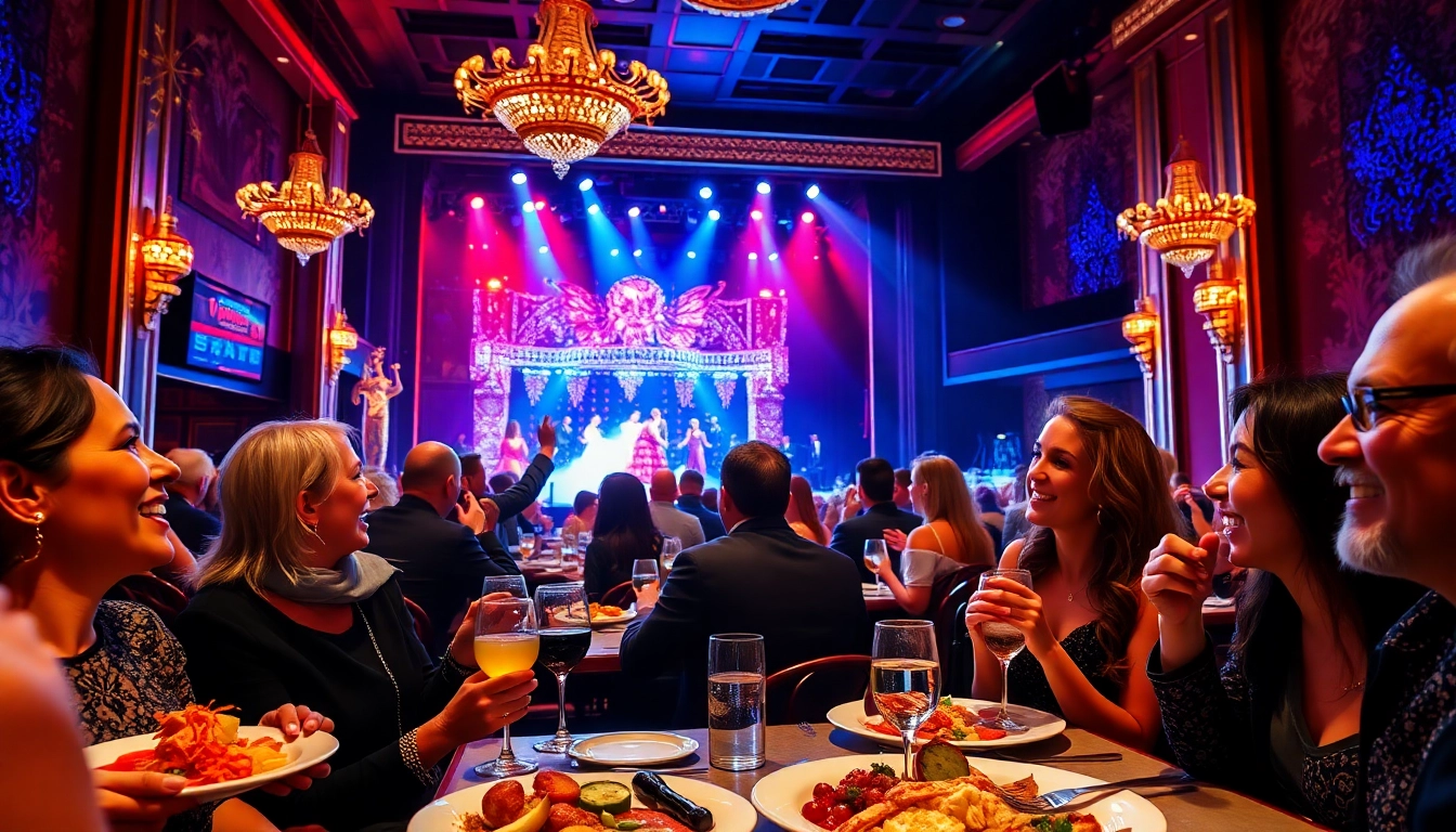 A lively las vegas dinner theater with diners enjoying gourmet food and a captivating performance on stage.
