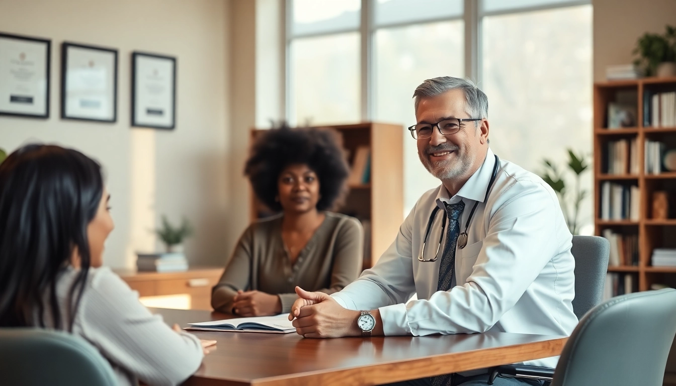 Psychiatrist consulting with a patient in a serene office environment.