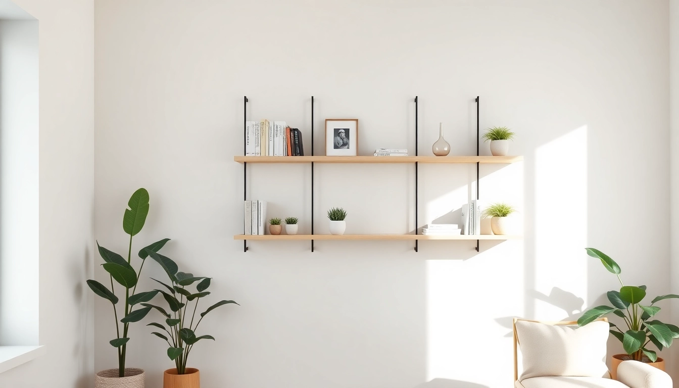 Stylish minimalist wall rack displaying contemporary decor and plants in a bright setting.