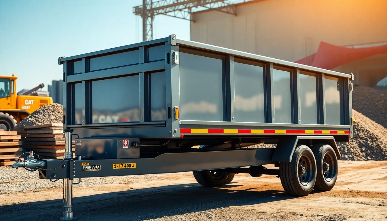Find a dump trailer for sale near me showcasing a durable design and hydraulic features on a construction site.
